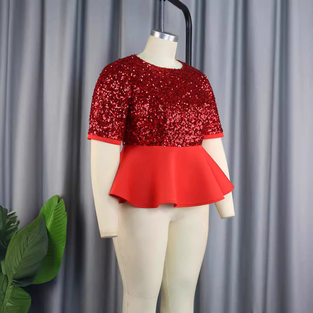 Dame Elegant glitrende top med peplum kant Skovae
