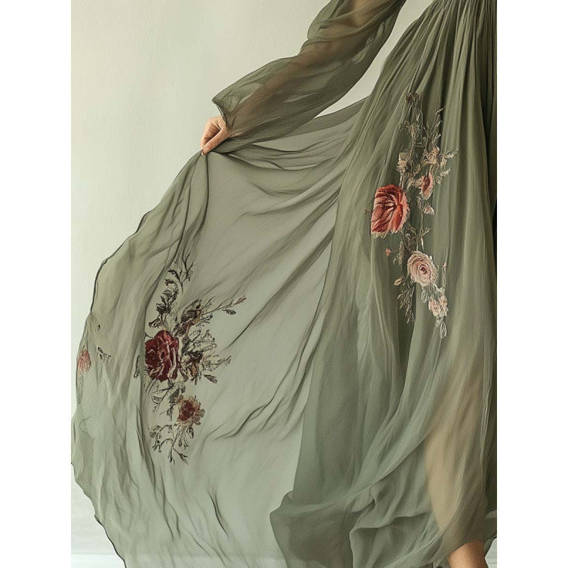Dame Broderet Chiffon Maxi Kjole Stilla
