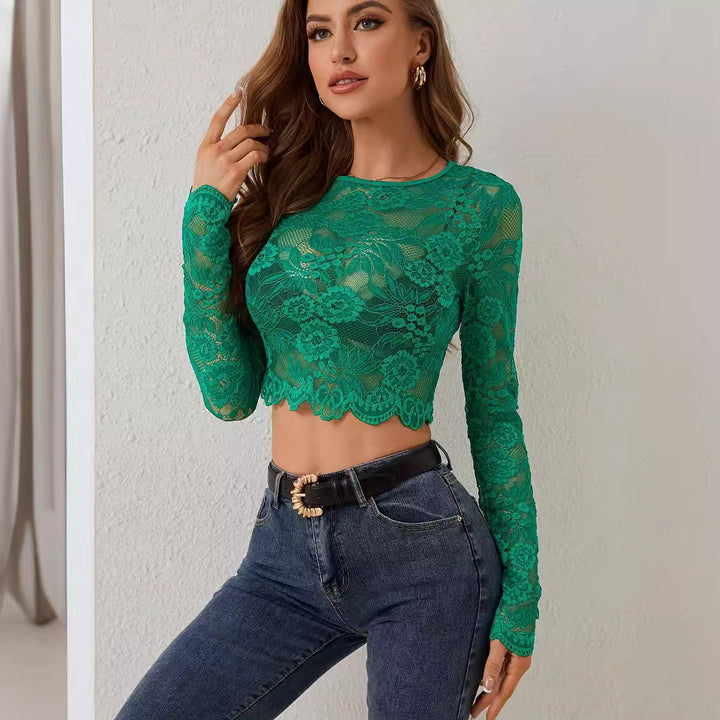 Dame nan kort skåret floralt blonde-crop-top med rund halsudskæring, lange ærmer og bølget kant Skovae
