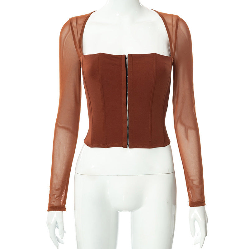 Dame Cropped Top med gennemsigtige ærmer og struktureret snit Skovae