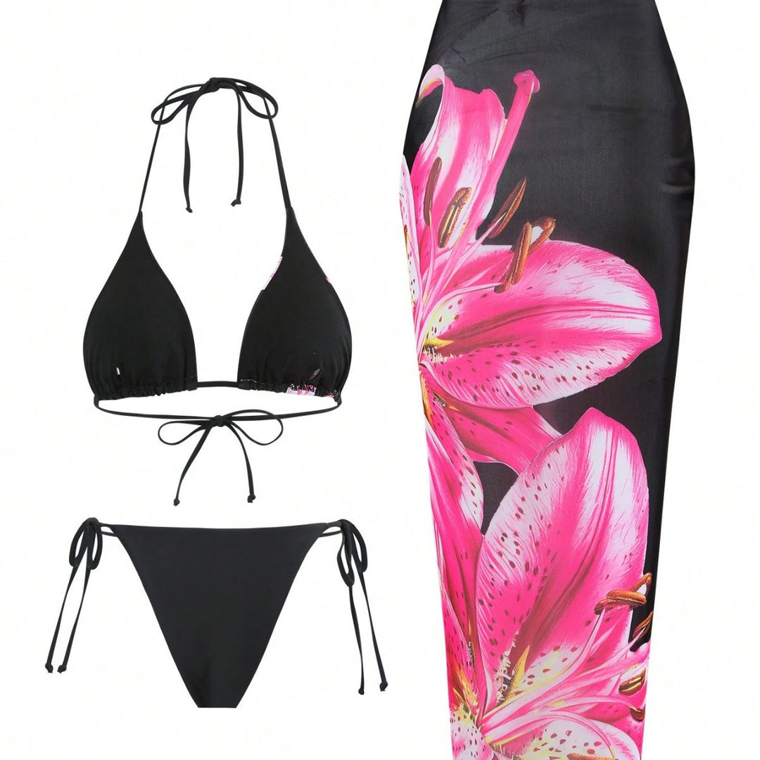 Dame bikini-sæt med blomstermønster og matchende sarong Skovae
