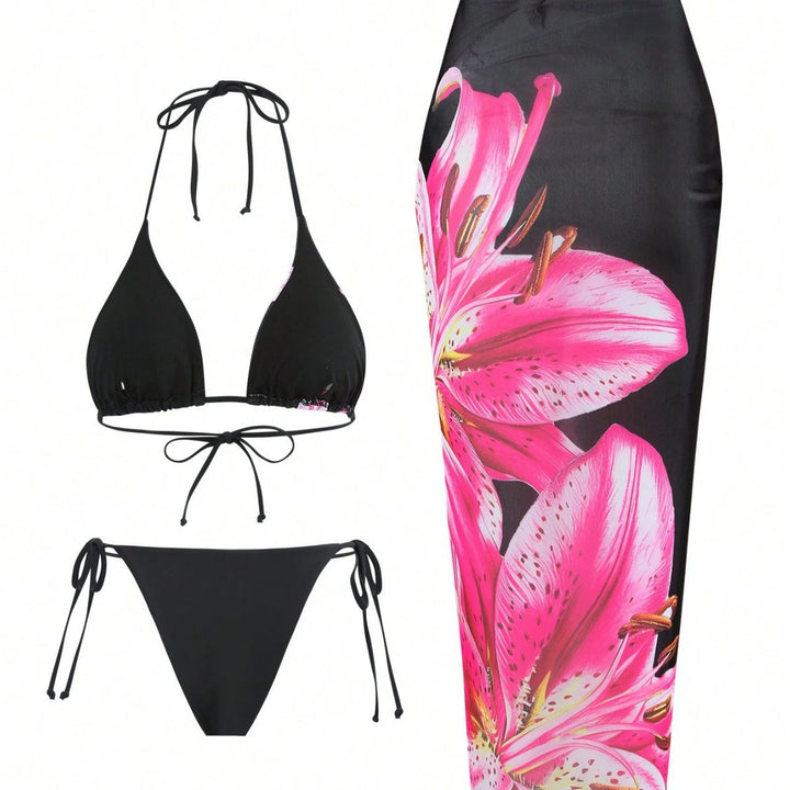 Dame bikini-sæt med blomstermønster og matchende sarong Skovae