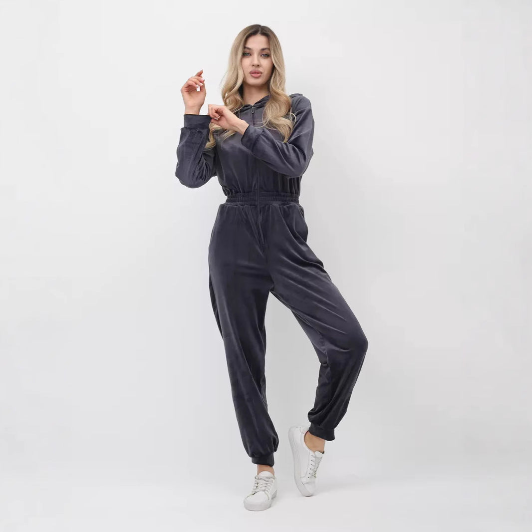 Kvindernes fløjls jumpsuit med hætte og elastisk talje Skovae