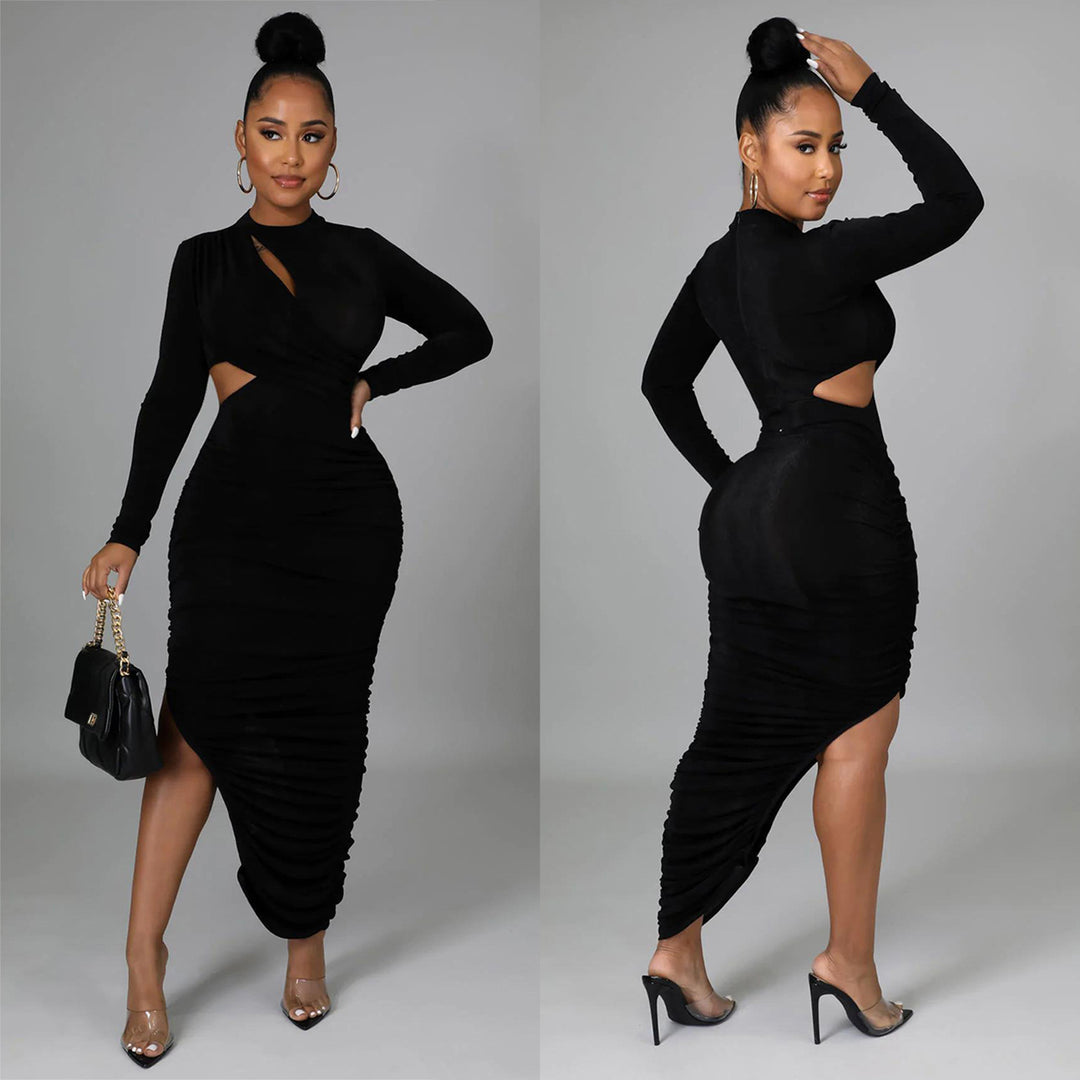 Damer Elegant Cut-Out Midi-Kjole med asymmetrisk kant og lange ærmer Stilla