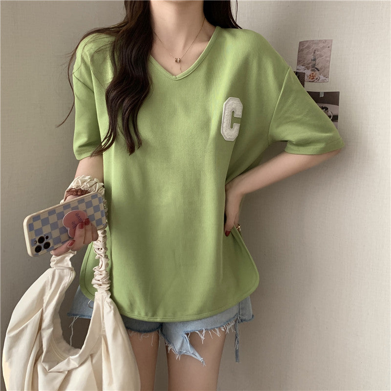 Dame Casual V-Hals Oversized T-Shirt med kontrastdetaljer Stilla