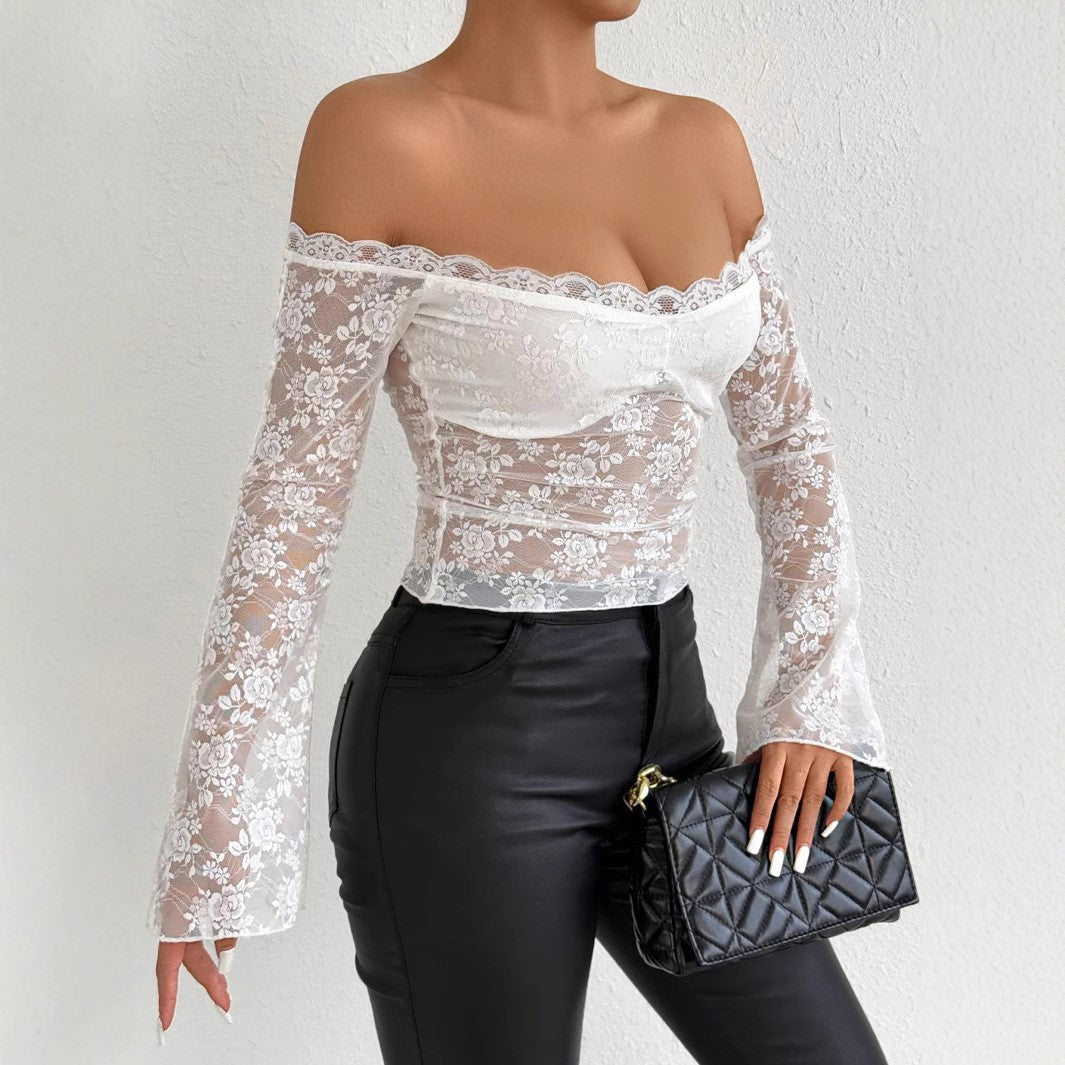 Dame blonde top med off-shoulder design og elegante trumpetærmer Skovae