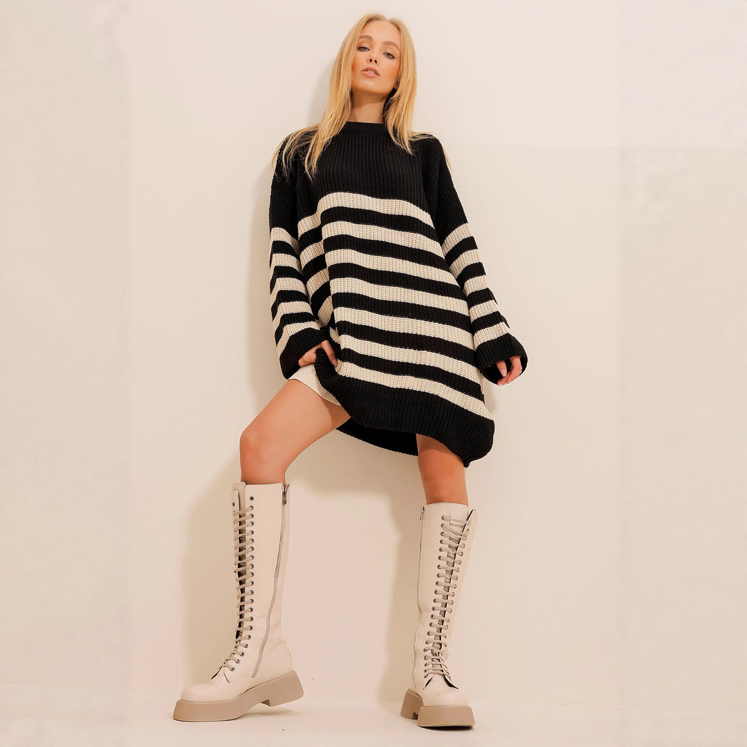 Kvinder Oversized Strikkjole med Stribet Mønster Skovae