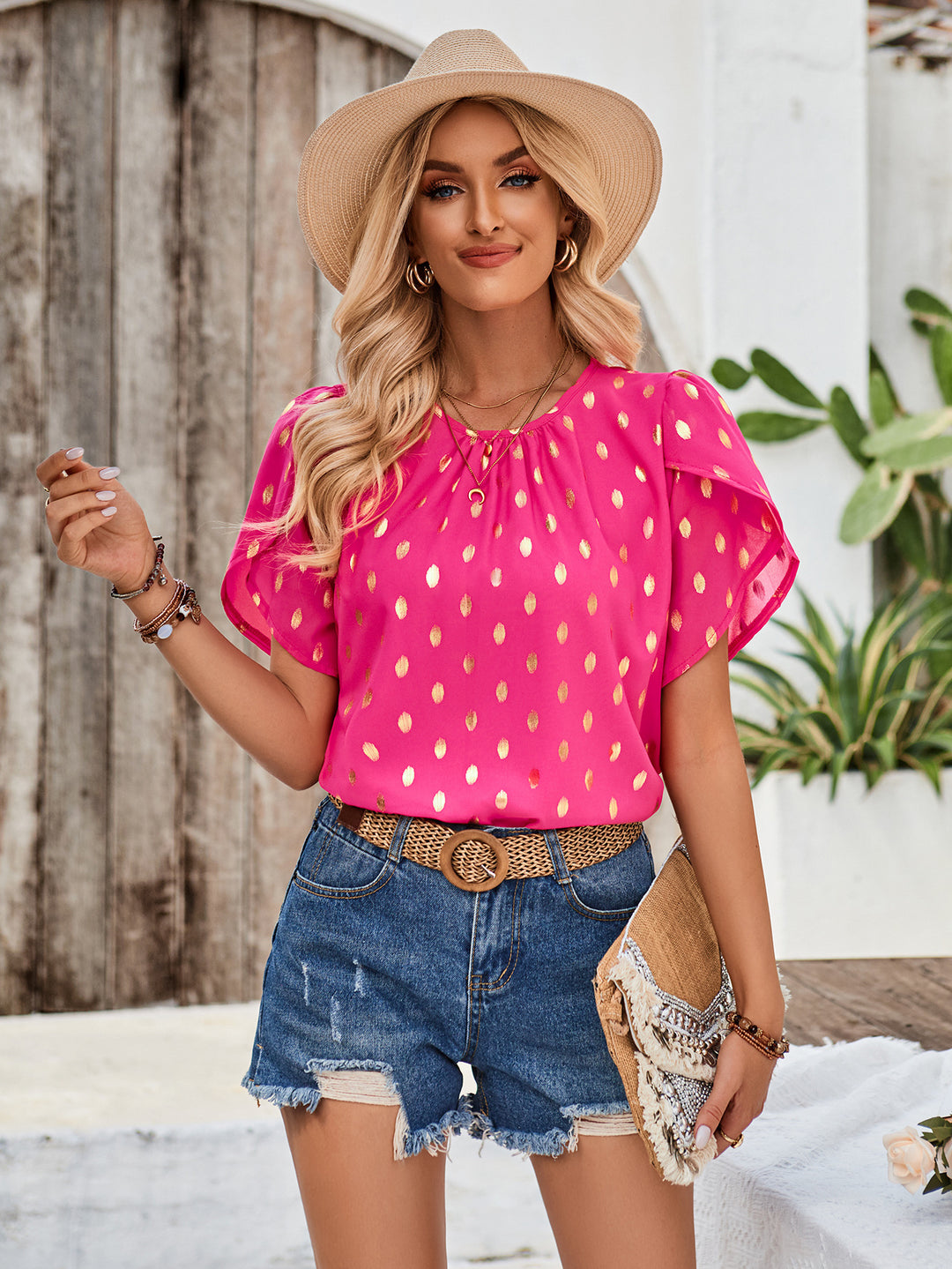 Dame Elegant Bluse med gyldne detaljer og afslappet snit Stilla