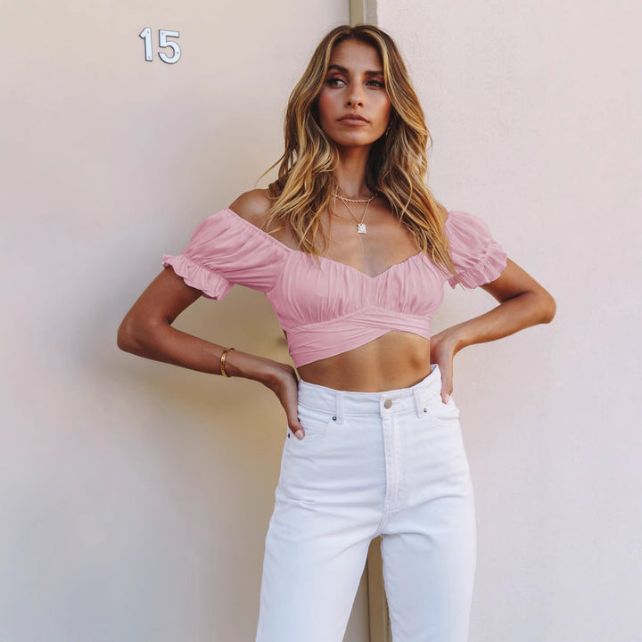 Dame Crop-Top med voluminøse puffærmer og elegant hjerteudskæring Stilla