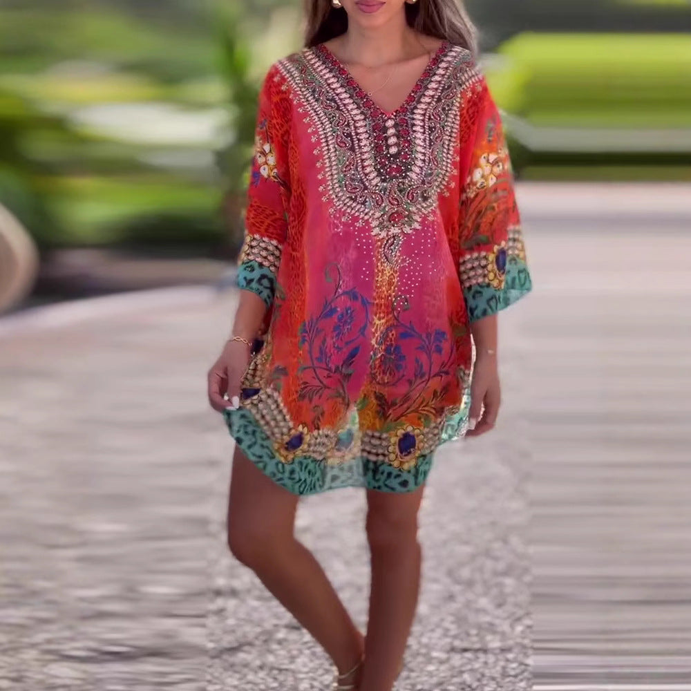 Dame Kaftan med elegant V-udskæring og funkende print Stilla