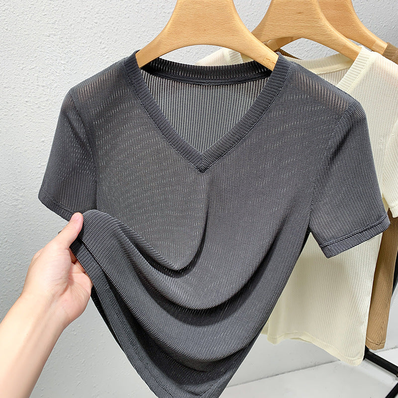 Dame V-hals T-shirt med struktureret stof Stilla