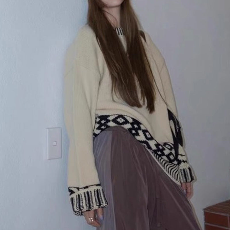 Kvinders strikket oversized trøje med slående mønster Stilla