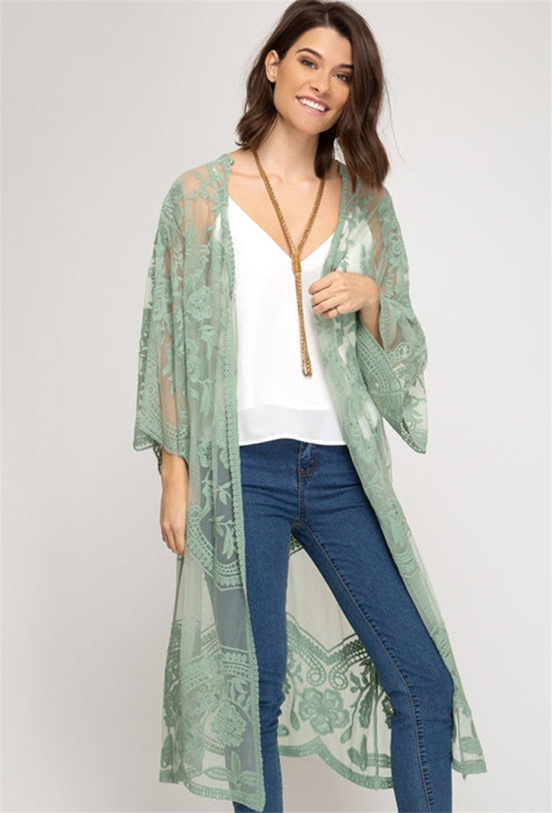 Dame Elegant Hækle-Kimono med florale Detaljer Stilla