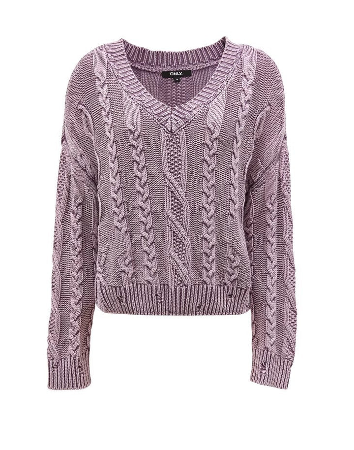 Kvinders strikket pullover med kabelmønster og V-hals Stilla