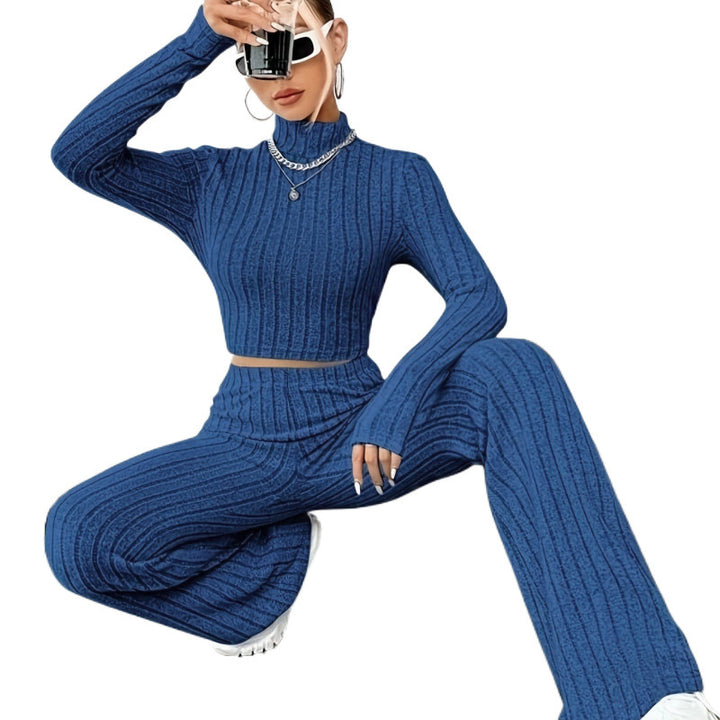 Dame Ribbstrik Turtleneck Pullover og udskåret bukser sæt Stilla