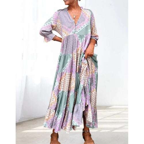 Dame Maxikjole i Boho-stil med flydende snit og patchwork-mønster Stilla