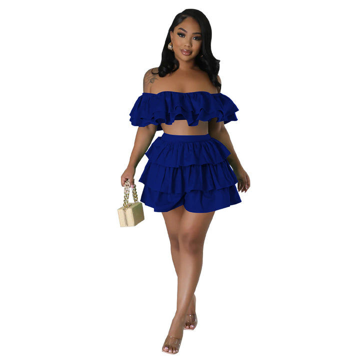 Dame Off-Shoulder Ruffle sæt med lagdelt nederdel og shorts Stilla
