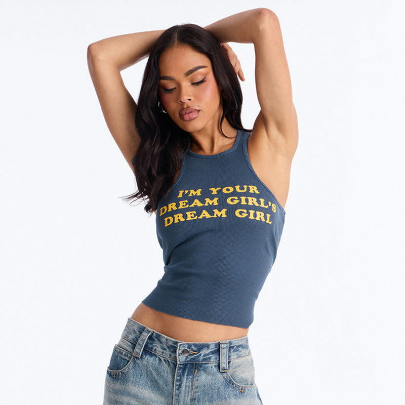 Damen Figurbetontes Crop-Top mit kreativem Schriftzug Skovae