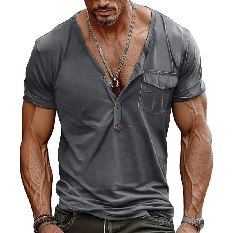 Herrer afslappet V-hals Henley T-shirt med praktisk brystlomme Stilla