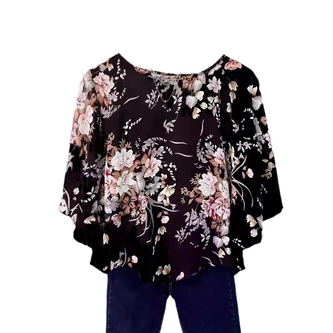 Damebluse i chiffon med blomsterprint Stilla
