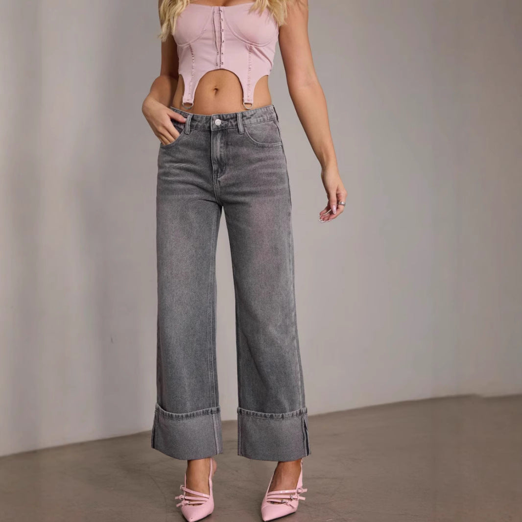 Dame brede jeans med frynset sømme og høj talje Stilla