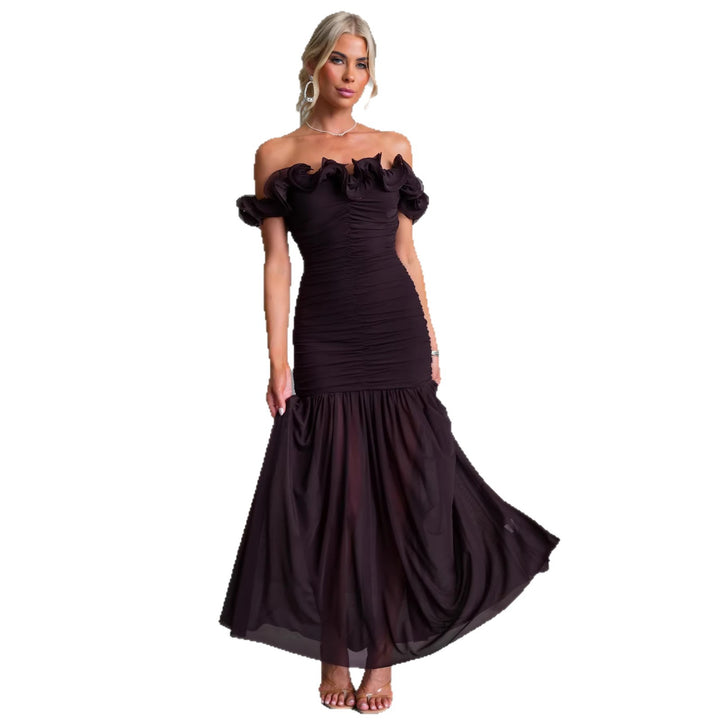 Women's Off-Shoulder Maxi Dress with Voluminous Ruffle Details and Elegant Waist Cut