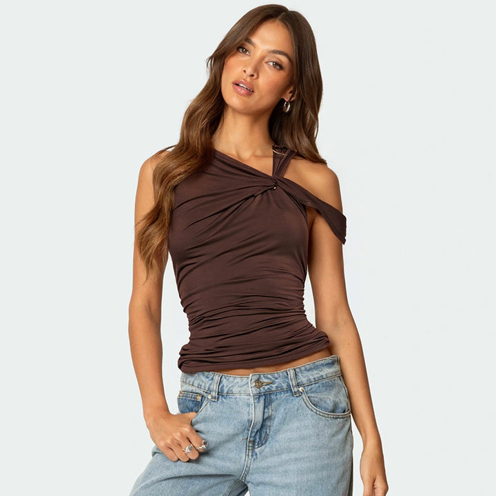 Damer elegant overdel med asymmetrisk snit og raffineret draperingsdetail Skovae