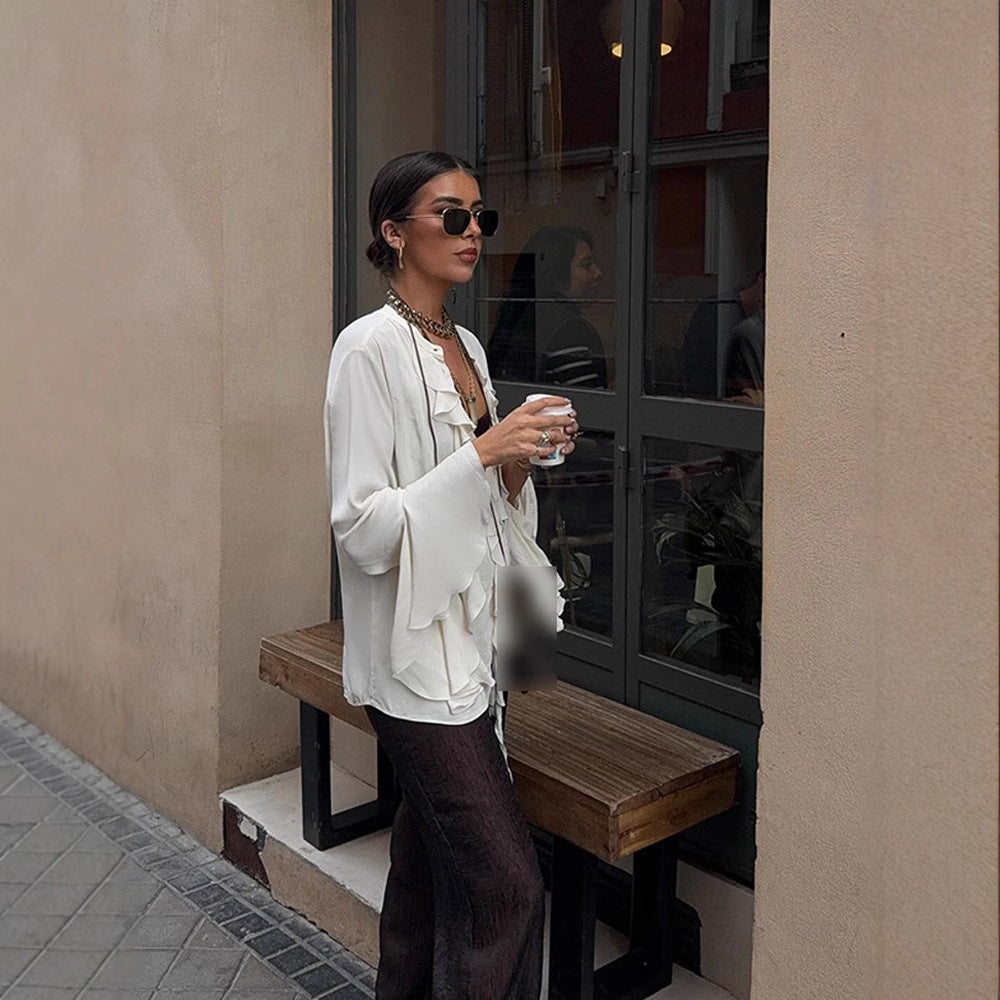 Dame Bluse med flæser og bred pasform samt elegante detaljer Stilla