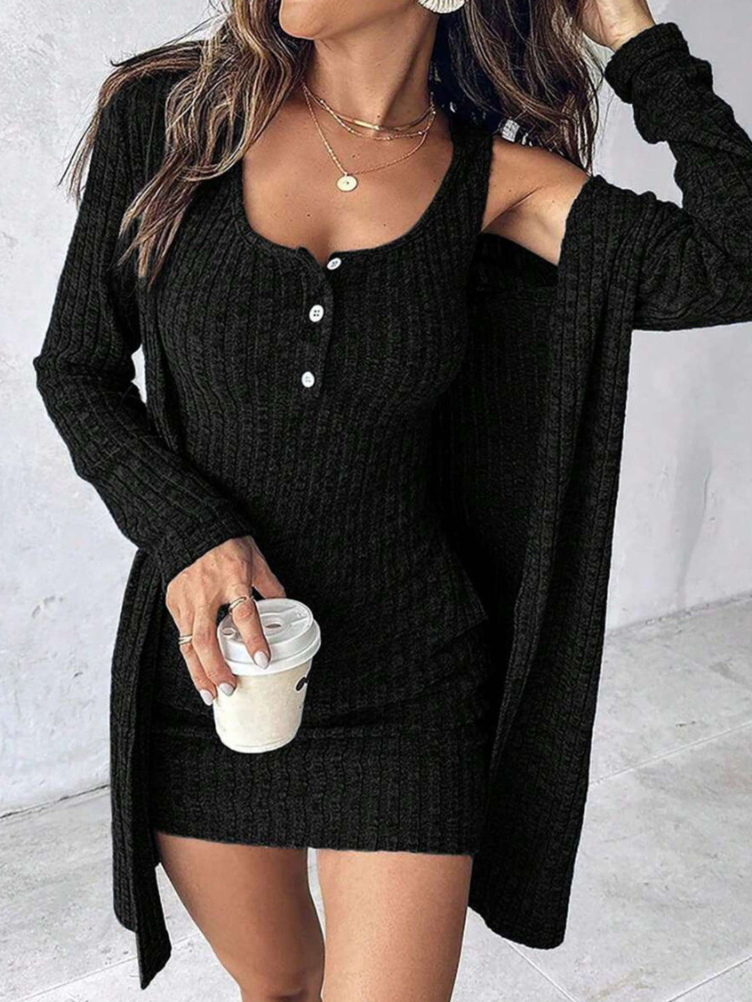 Dame Ribbstrikkjole med lang Cardigan Stilla