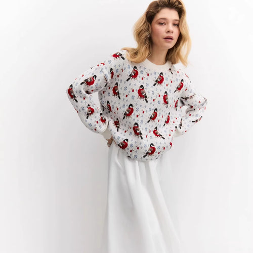 Kvinders hyggelige sweater med festlige små fuglemønster Stilla