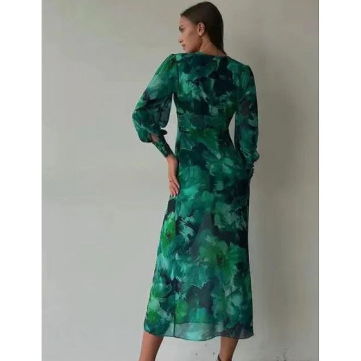Dame elegant maxikjole med blomsterdesign og dyb V-udskæring Stilla