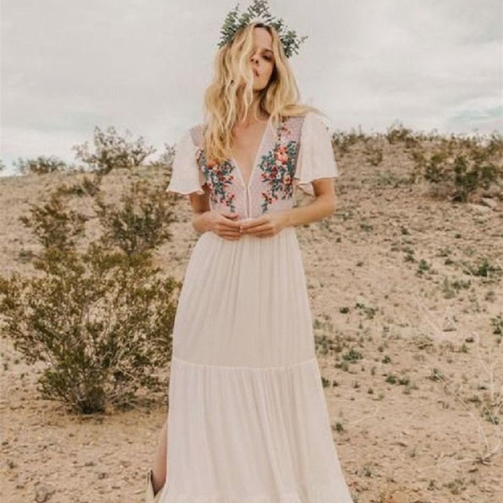 Dame Maxi-kjole med blomsterbroderi og voluminøse ærmer Stilla