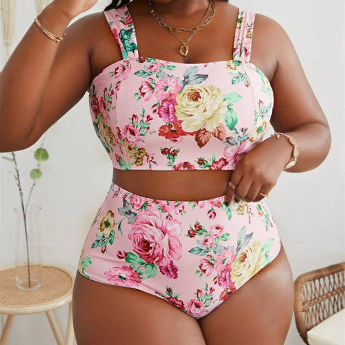 Dame Højtaljet Bikini-Sæt med blomsterdesign Skovae