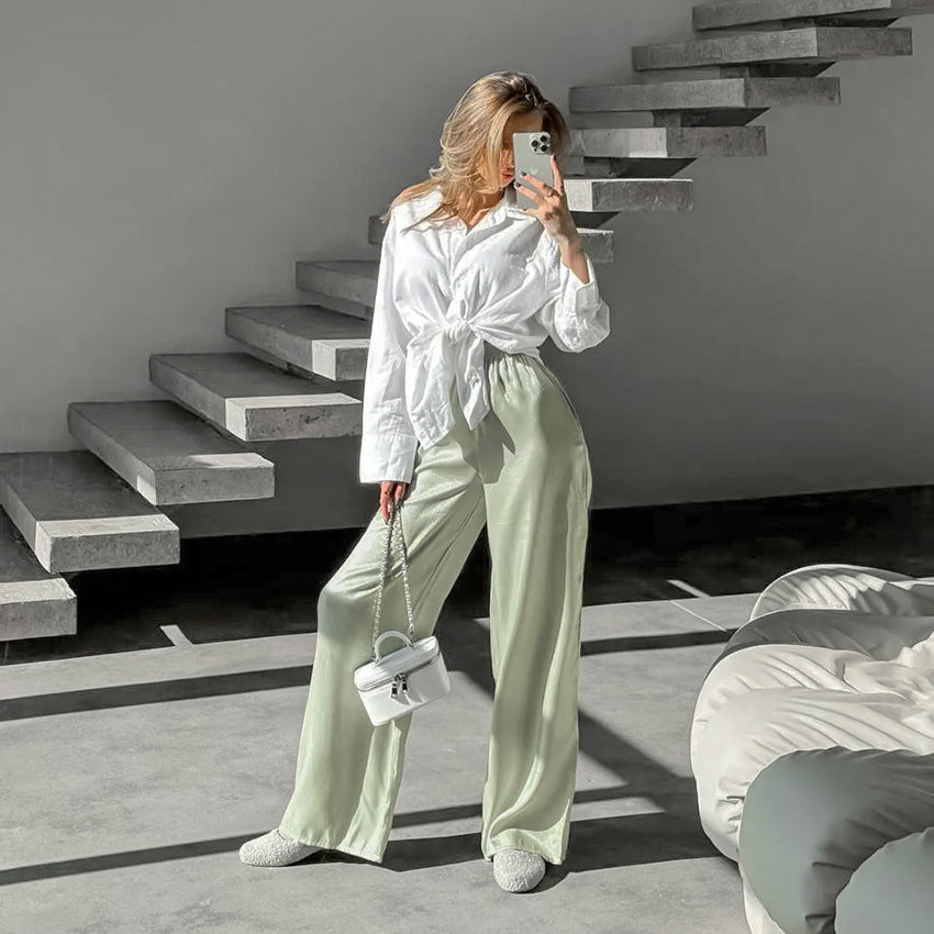 Dame elegant satinbukser med bred ben og elastisk talje Stilla