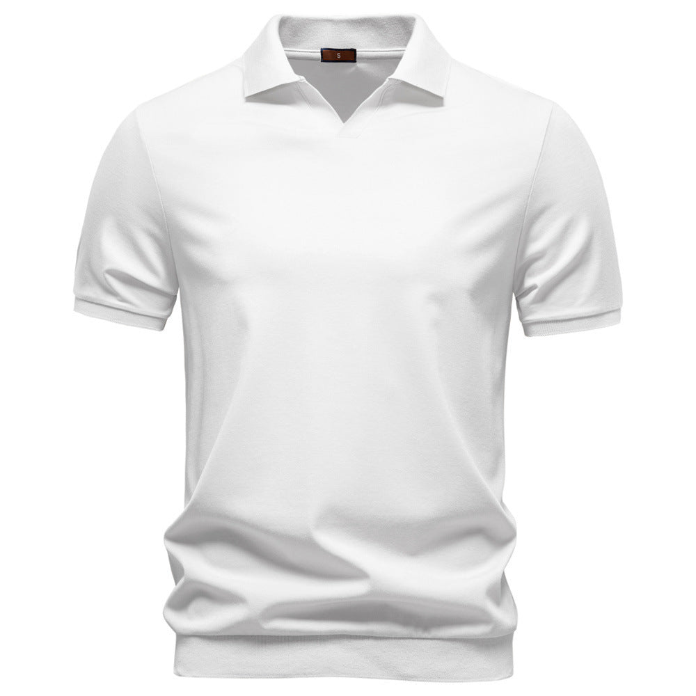 Herren nan finstrikket kortærmet poloshirt med åbent V-krave og elastisk kant Skovae
