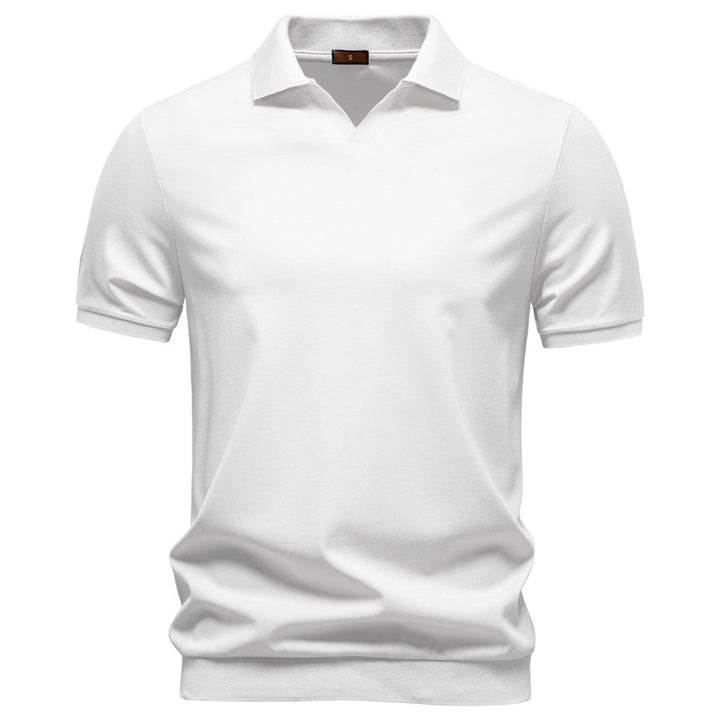 Herren nan finstrikket kortærmet poloshirt med åbent V-krave og elastisk kant Skovae