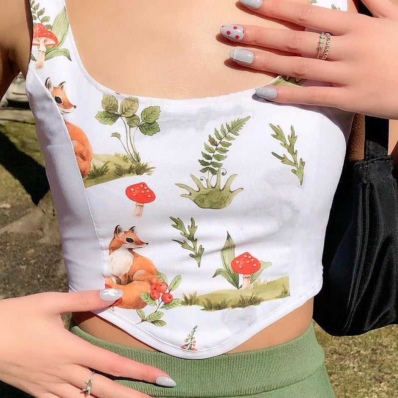 Dame Crop Top med kunstnerisk flora-design og justerbare stropper Skovae