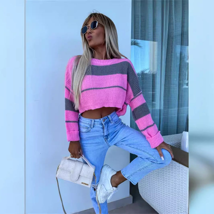 Dame cropped striktrøje med fashionable striber Stilla
