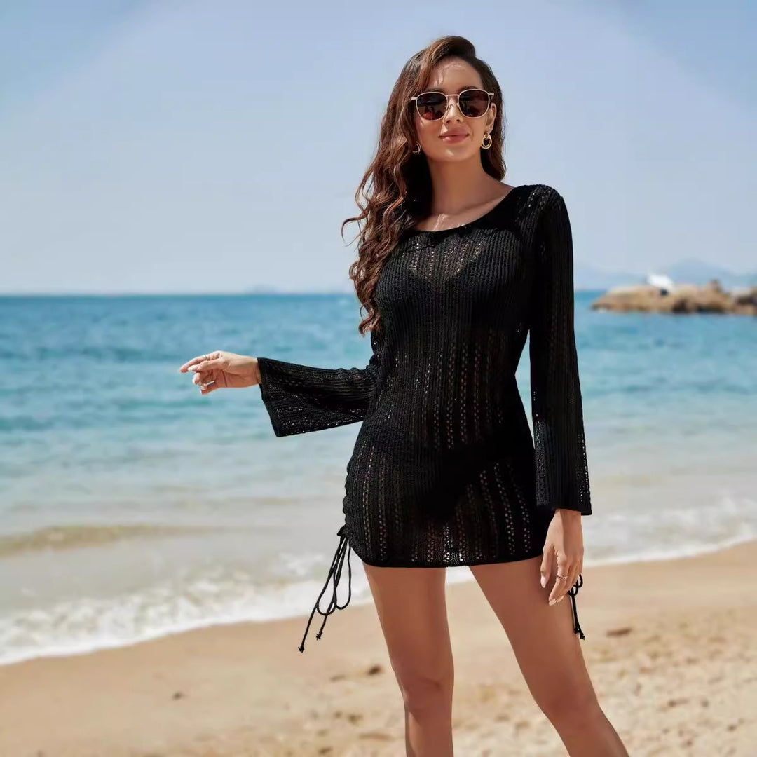Dame luftig strand sweater med raffineret hækle mønster og elegante snørre detaljer Stilla