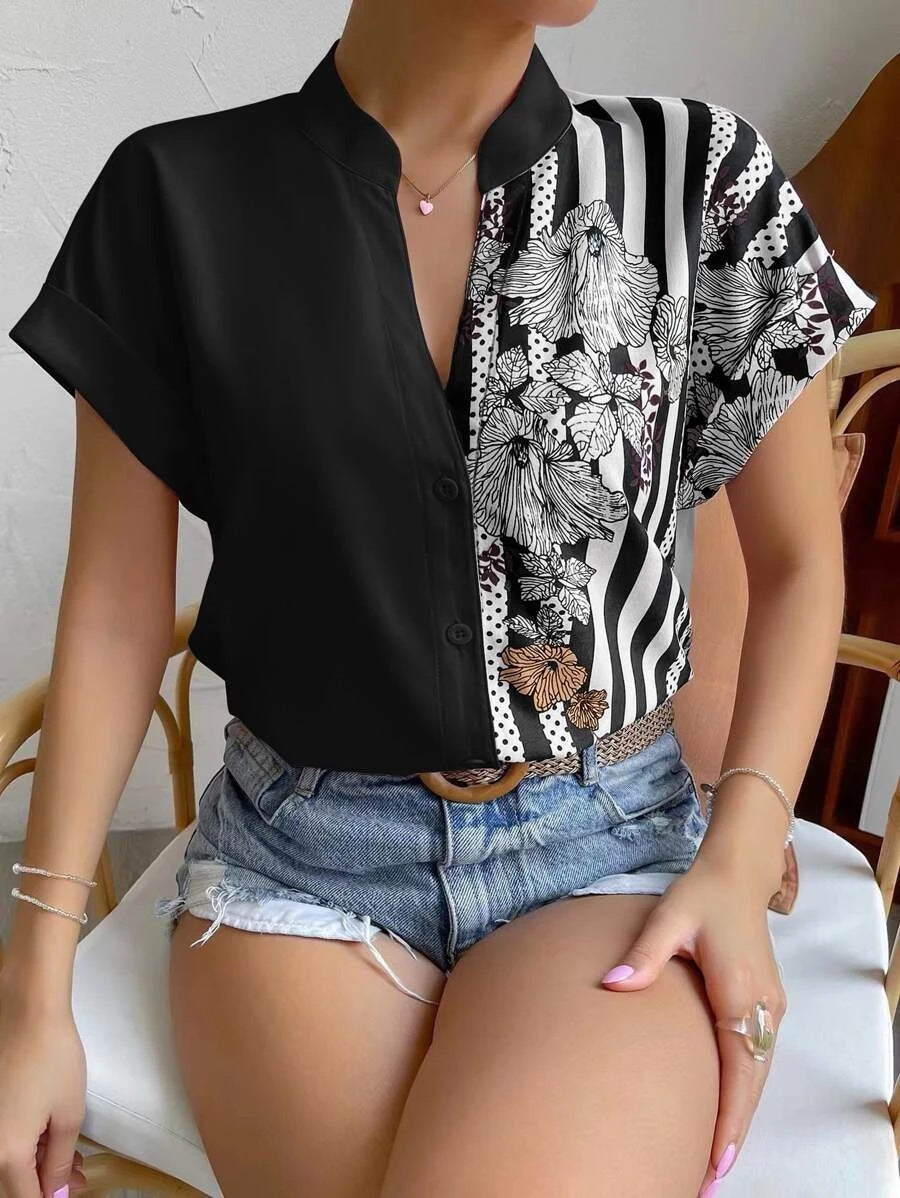 Dame stilfuld Button-Up-bluse med blomstertryk-patchwork Stilla