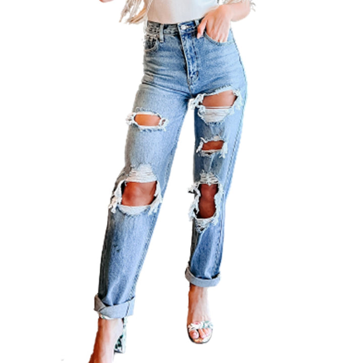 Dame z destroyed boyfriend jeans i en komfortabel pasform med høj talje Skovae
