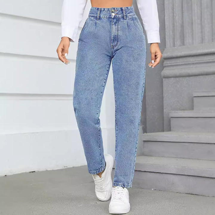 Kvinders højtaljede boyfriend jeans med klassisk snit og knapdetaljer Stilla