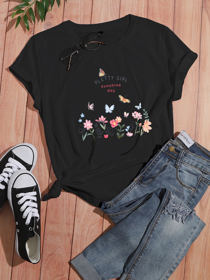 Kvinders t-shirt med legende blomsterprint og elegant print Stilla