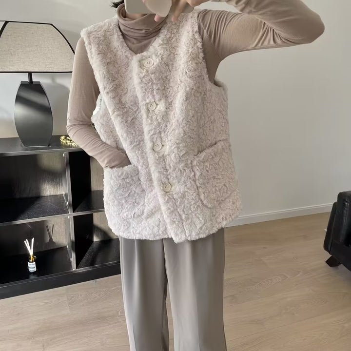 Kvinders hyggelige teddy vest med store lommer Stilla
