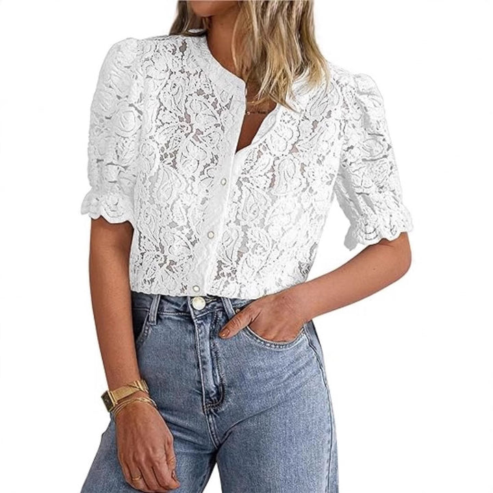 Dame spidsbluse med puffærmer Stilla