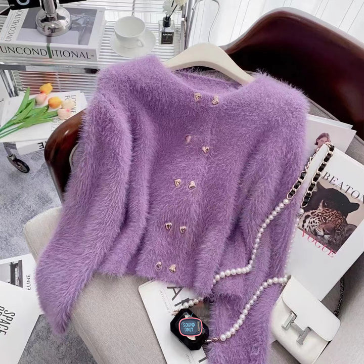 Kvindernes fluffy cardigan med hjerteknapper Stilla