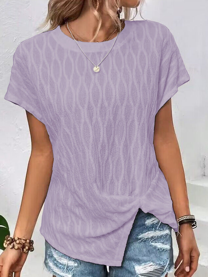 Dame Casual Kortærmet T-shirt med bølget strikdesign og knudeaccent Stilla