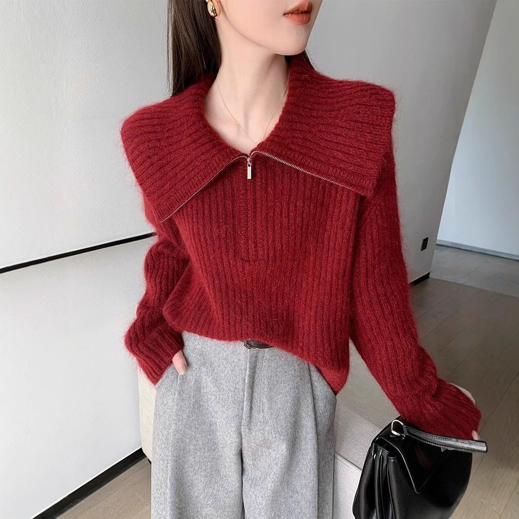 Kvinders strikket sweater med stor krave og lynlås Stilla