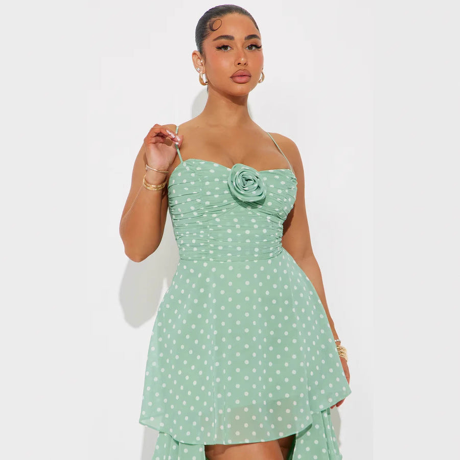 Damer Legesygt Polka-Dots Maxikjole med asymmetrisk Skørt og blomsteragtige Accenter Skovae
