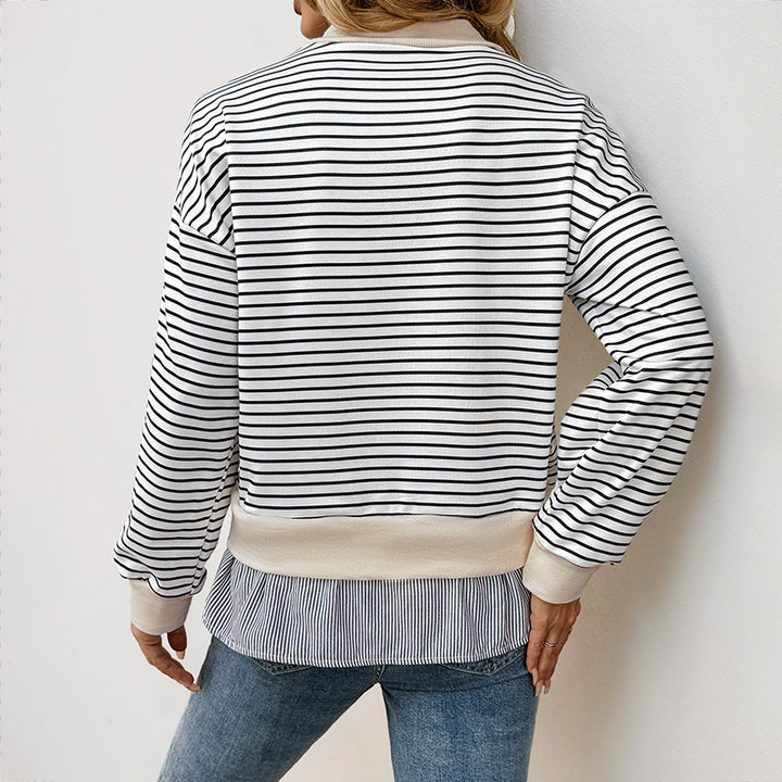 Kvindernes trendy sweatshirt med asymmetrisk stribemønster og flæse trim Stilla